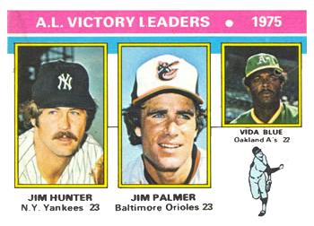 1976 Topps #200 1975 AL Victory Leaders (Jim Hunter / Jim Palmer / Vida Blue) Front