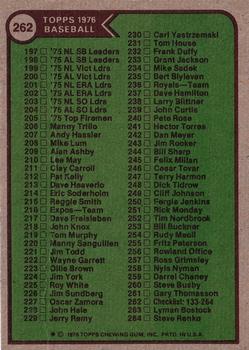 1976 Topps #262 Checklist: 133-264 Back