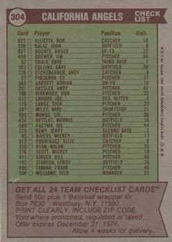 1976 Topps #304 California Angels / Dick Williams Back