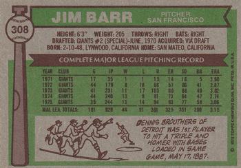 1976 Topps #308 Jim Barr Back