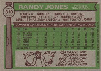 1976 Topps #310 Randy Jones Back