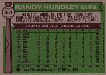 1976 Topps #351 Randy Hundley Back