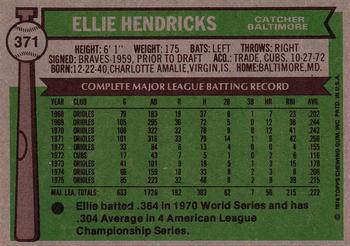 1976 Topps #371 Ellie Hendricks Back