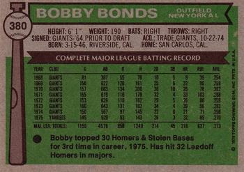 1976 Topps #380 Bobby Bonds Back