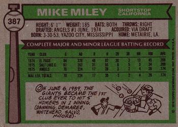 1976 Topps #387 Mike Miley Back