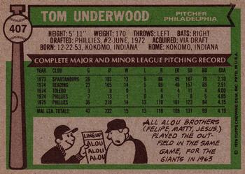 1976 Topps #407 Tom Underwood Back