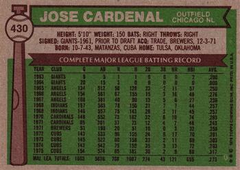 1976 Topps #430 Jose Cardenal Back