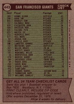 1976 Topps #443 San Francisco Giants Back