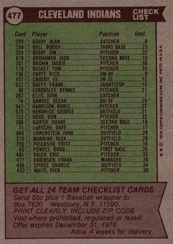 1976 Topps #477 Cleveland Indians / Frank Robinson Back