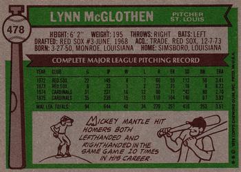 1976 Topps #478 Lynn McGlothen Back