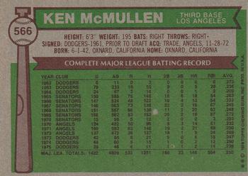 1976 Topps #566 Ken McMullen Back