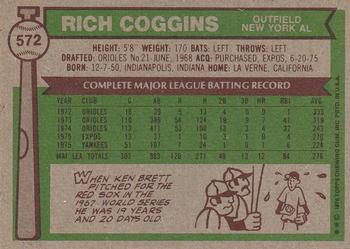 1976 Topps #572 Rich Coggins Back