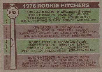 1976 Topps #593 1976 Rookie Pitchers (Larry Anderson / Ken Crosby / Mark Littell / Butch Metzger) Back
