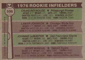 1976 Topps #596 1976 Rookie Infielders (Craig Reynolds / Lamar Johnson / Johnnie LeMaster / Jerry Manuel) Back