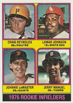 1976 Topps #596 1976 Rookie Infielders (Craig Reynolds / Lamar Johnson / Johnnie LeMaster / Jerry Manuel) Front