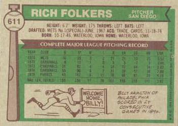 1976 Topps #611 Rich Folkers Back