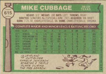 1976 Topps #615 Mike Cubbage Back