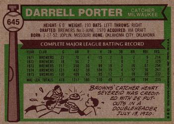1976 Topps #645 Darrell Porter Back