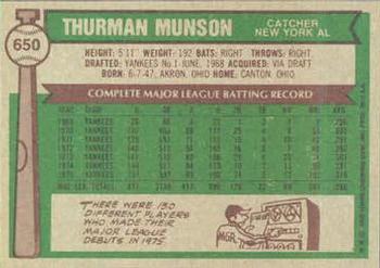 1976 Topps #650 Thurman Munson Back