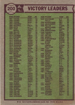 1976 Topps #200 1975 AL Victory Leaders (Jim Hunter / Jim Palmer / Vida Blue) Back