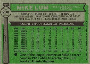 1976 Topps #208 Mike Lum Back