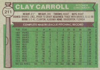 1976 Topps #211 Clay Carroll Back