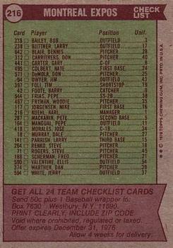 1976 Topps #216 Montreal Expos / Karl Kuehl Back