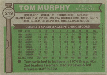 1976 Topps #219 Tom Murphy Back