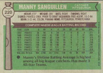 1976 Topps #220 Manny Sanguillen Back