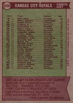 1976 Topps #236 Kansas City Royals / Whitey Herzog Back
