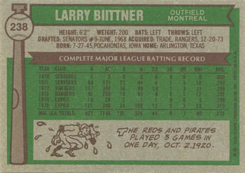 1976 Topps #238 Larry Biittner Back