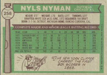1976 Topps #258 Nyls Nyman Back