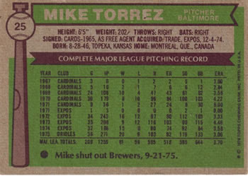 1976 Topps #25 Mike Torrez Back