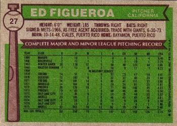 1976 Topps #27 Ed Figueroa Back