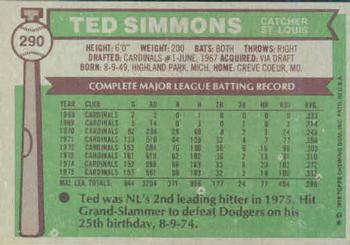 1976 Topps #290 Ted Simmons Back