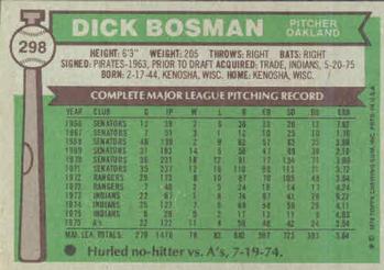 1976 Topps #298 Dick Bosman Back