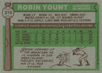 1976 Topps #316 Robin Yount Back