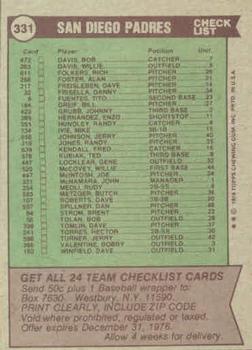 1976 Topps #331 San Diego Padres / John McNamara Back