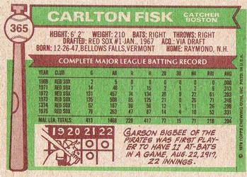 1976 Topps #365 Carlton Fisk Back