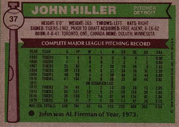 1976 Topps #37 John Hiller Back