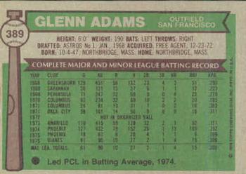 1976 Topps #389 Glenn Adams Back