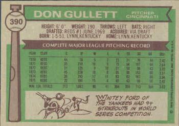 1976 Topps #390 Don Gullett Back