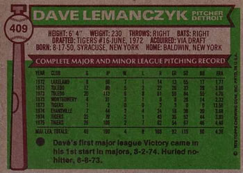 1976 Topps #409 Dave Lemanczyk Back