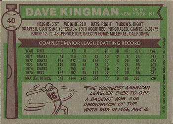 1976 Topps #40 Dave Kingman Back