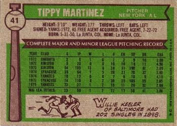 1976 Topps #41 Tippy Martinez Back