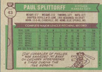 1976 Topps #43 Paul Splittorff Back