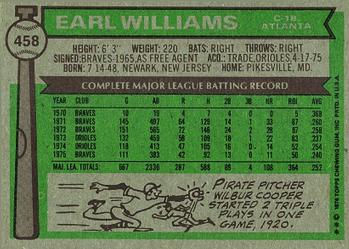 1976 Topps #458 Earl Williams Back