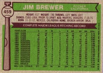 1976 Topps #459 Jim Brewer Back