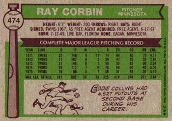 1976 Topps #474 Ray Corbin Back