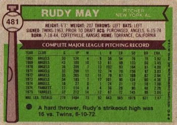 1976 Topps #481 Rudy May Back